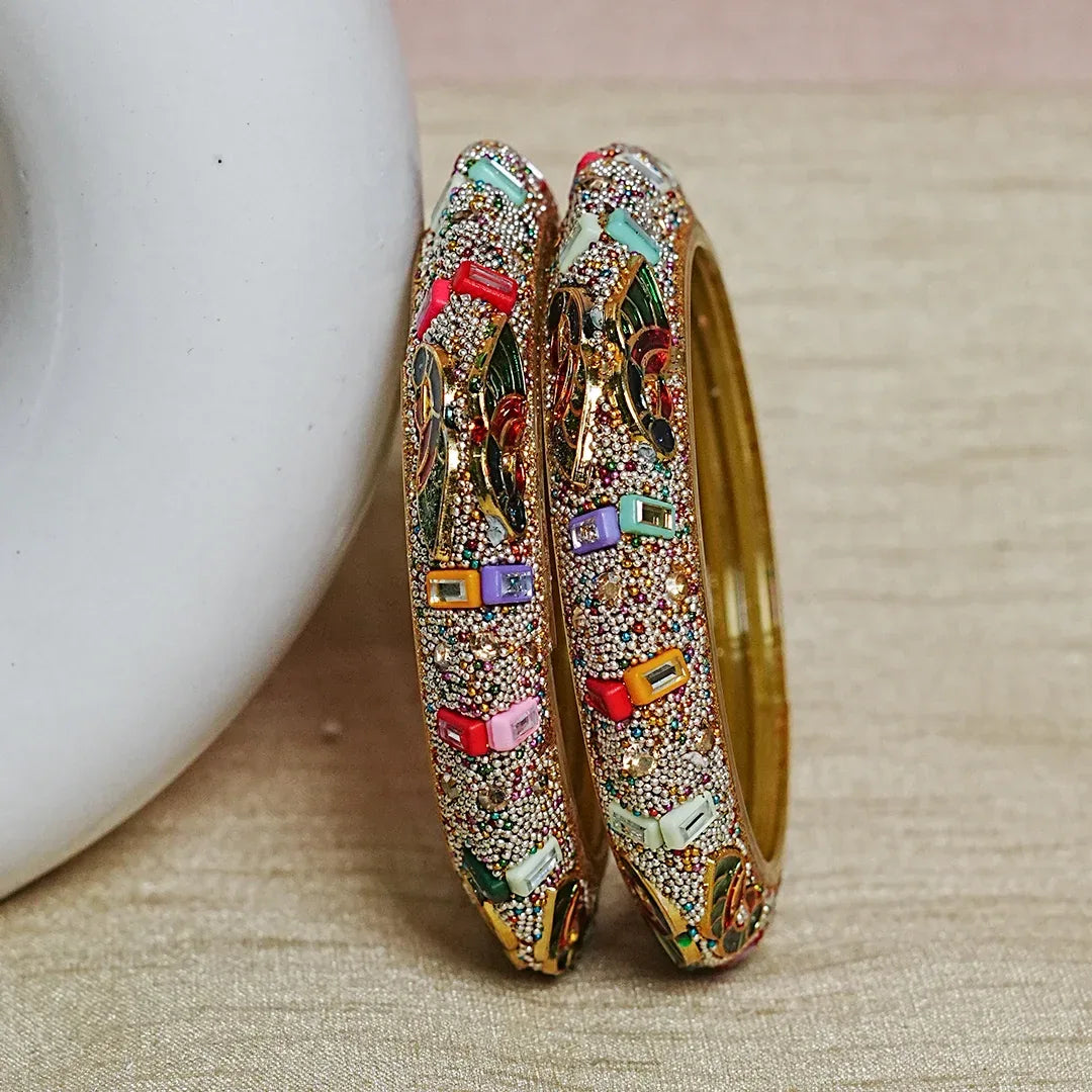 Peacock Design Stone Studded Glass Kada for Women (Pack of 2) - The Golden Cascade